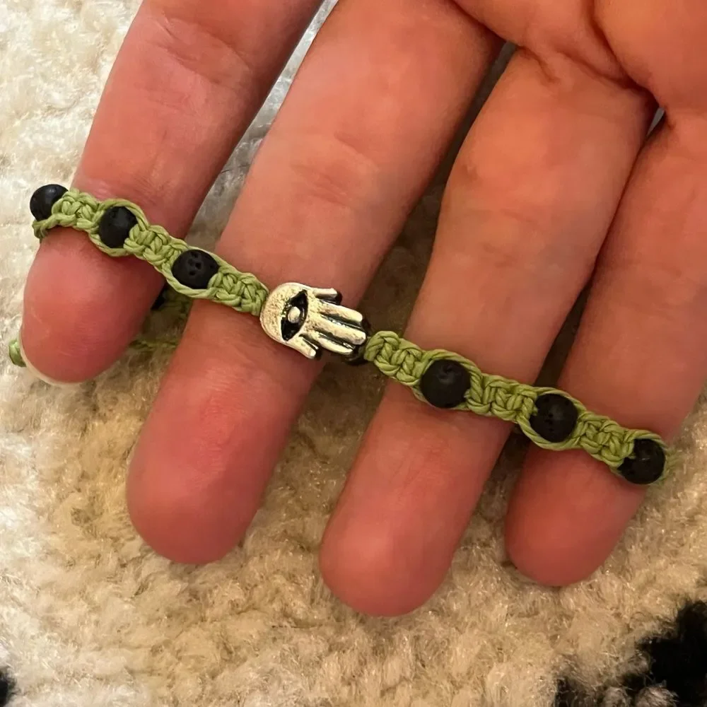 Silver Hamsa & Black Lava Bead Macrame Handmade Adjustable Bead Bracelet Unisex